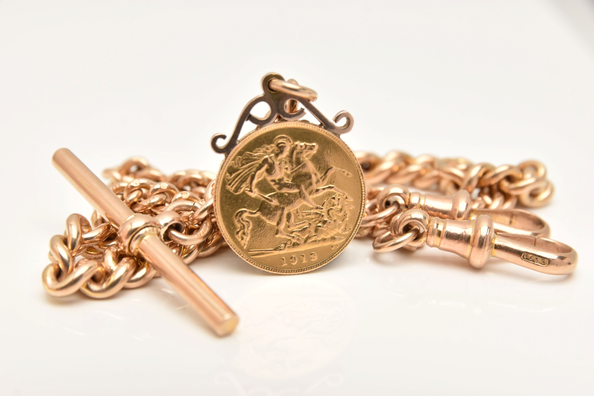 9Ct Gold Double Albert Chain With Mounted 1913 Half Sovereign Sold £1,350