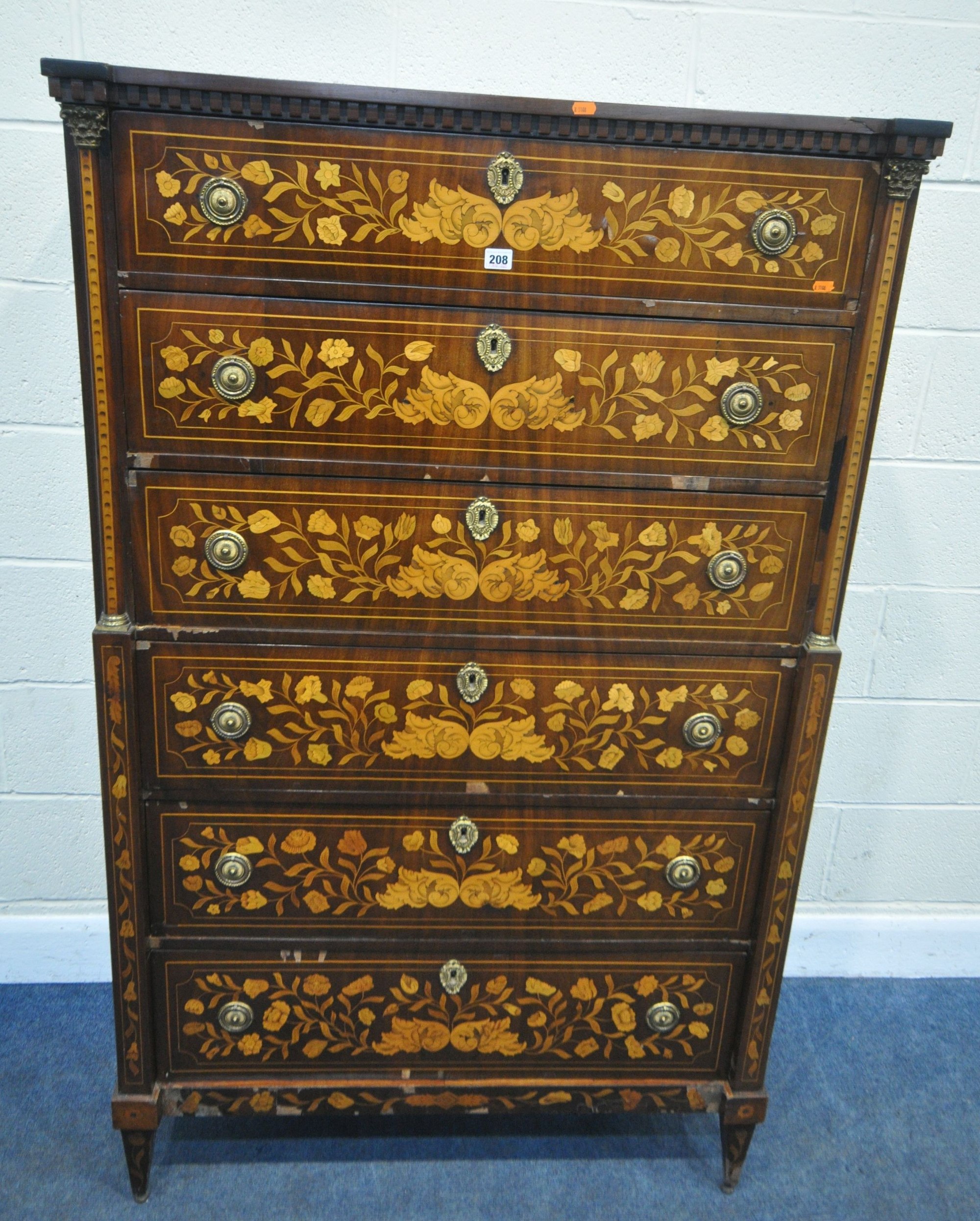 C19th Dutch Mahogany And Satinwood Marquetry Chest Of Drawers Sold £400