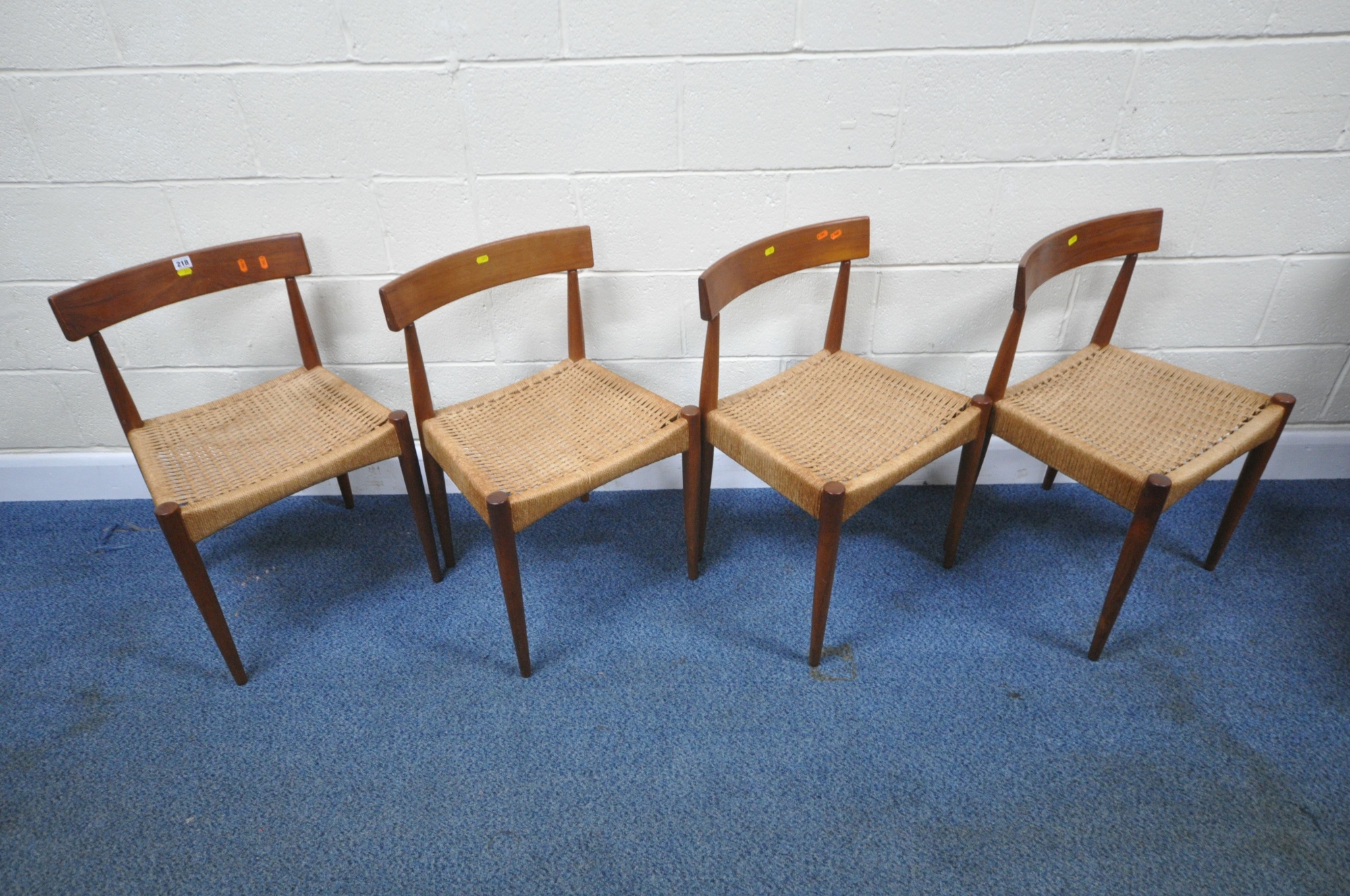 Arne Hovmand Olsen For Mogens Kold Four Danish Teak Rush Seated Chairs Sold £460