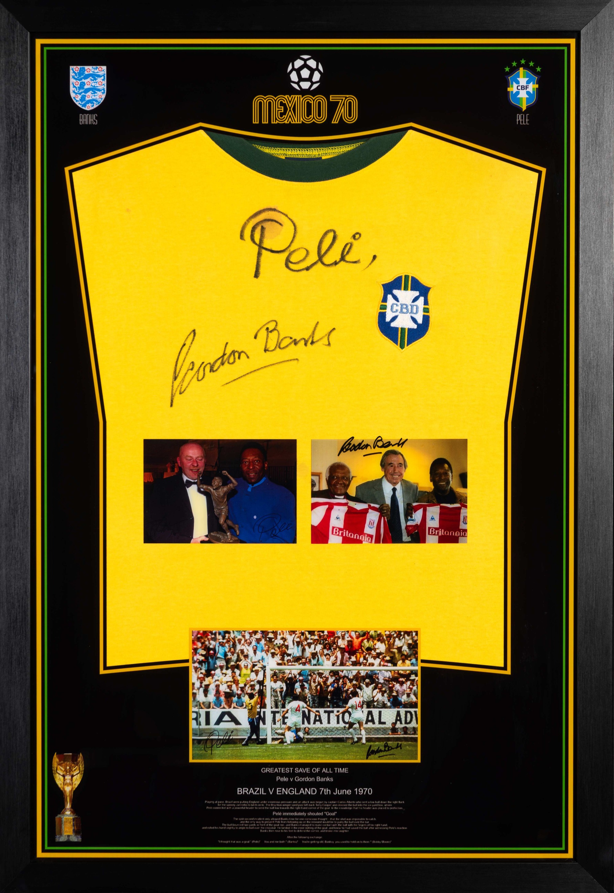 The framed Seleção Brasileira de Futebol number 10 shirt signed by Pelé and Gordon Banks.