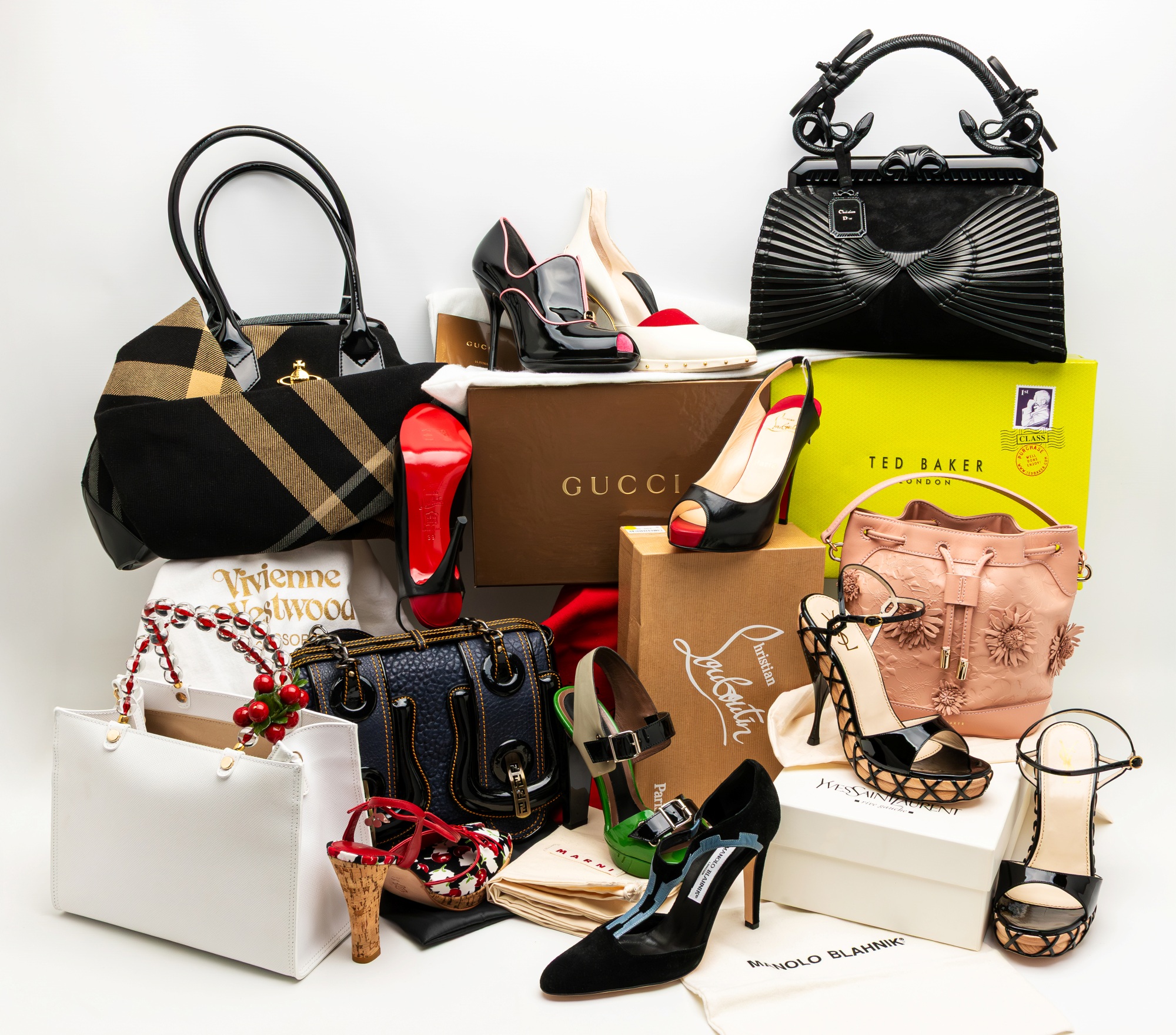 A selection of the designer handbags and shoes in the March 24 auction.