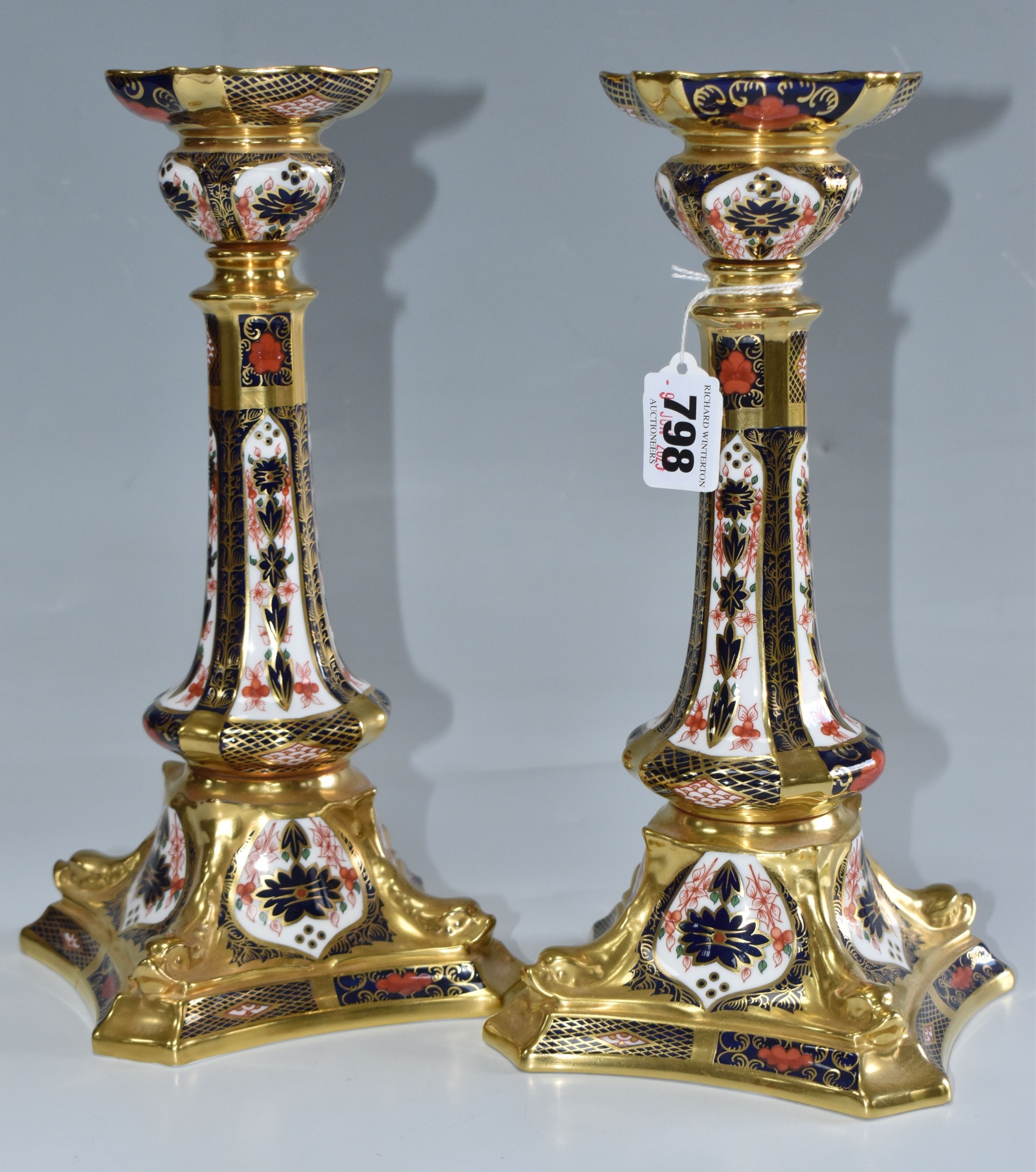 Pair Of Royal Crown Derby Imari 1128 Solid Gold Band Candlesticks Sold £500