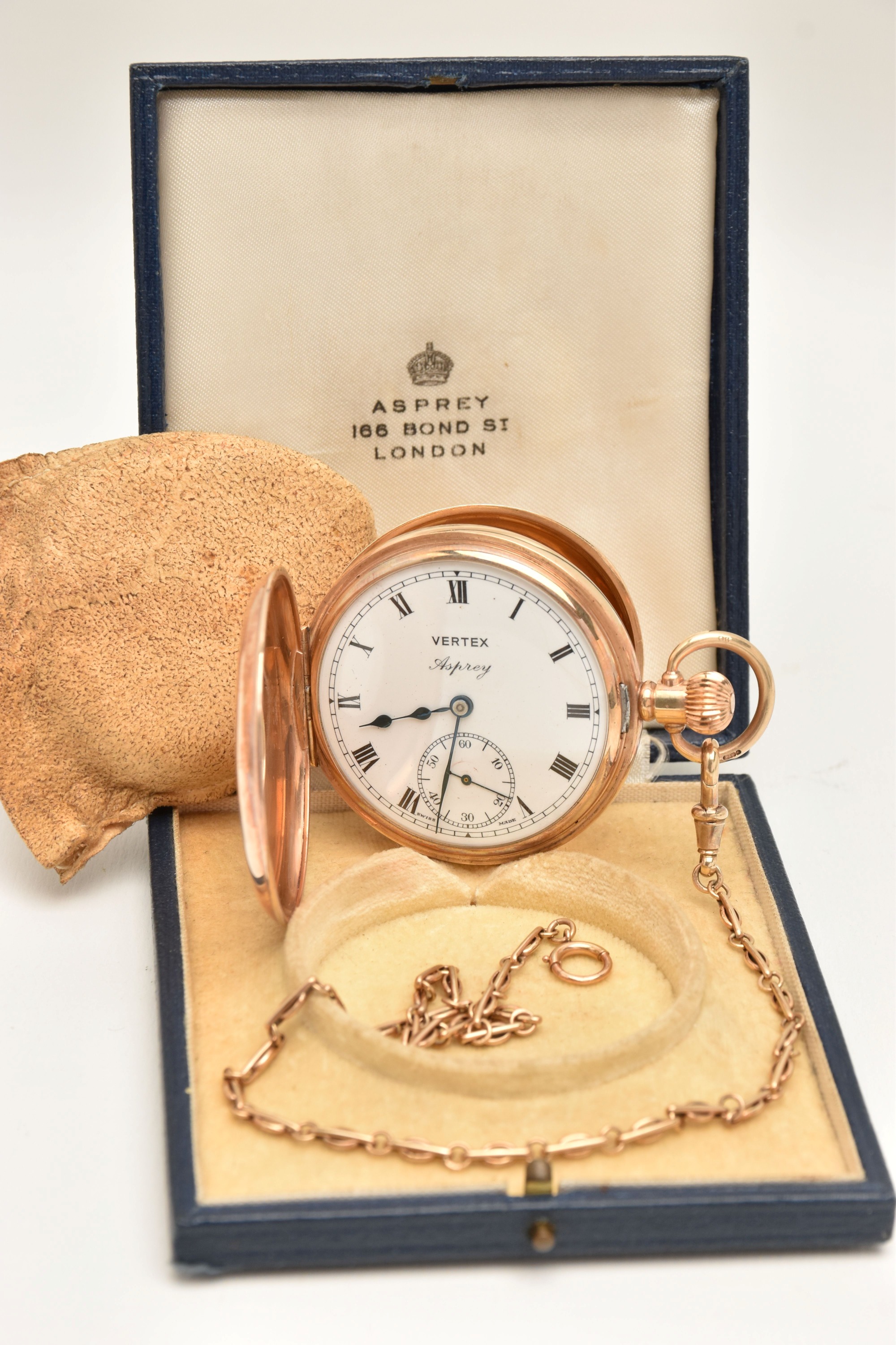 9Ct Vertex For Asprey Half Hunter Pocket Watch With 9Ct Albert Chain And Fitted Case Sold £1,150