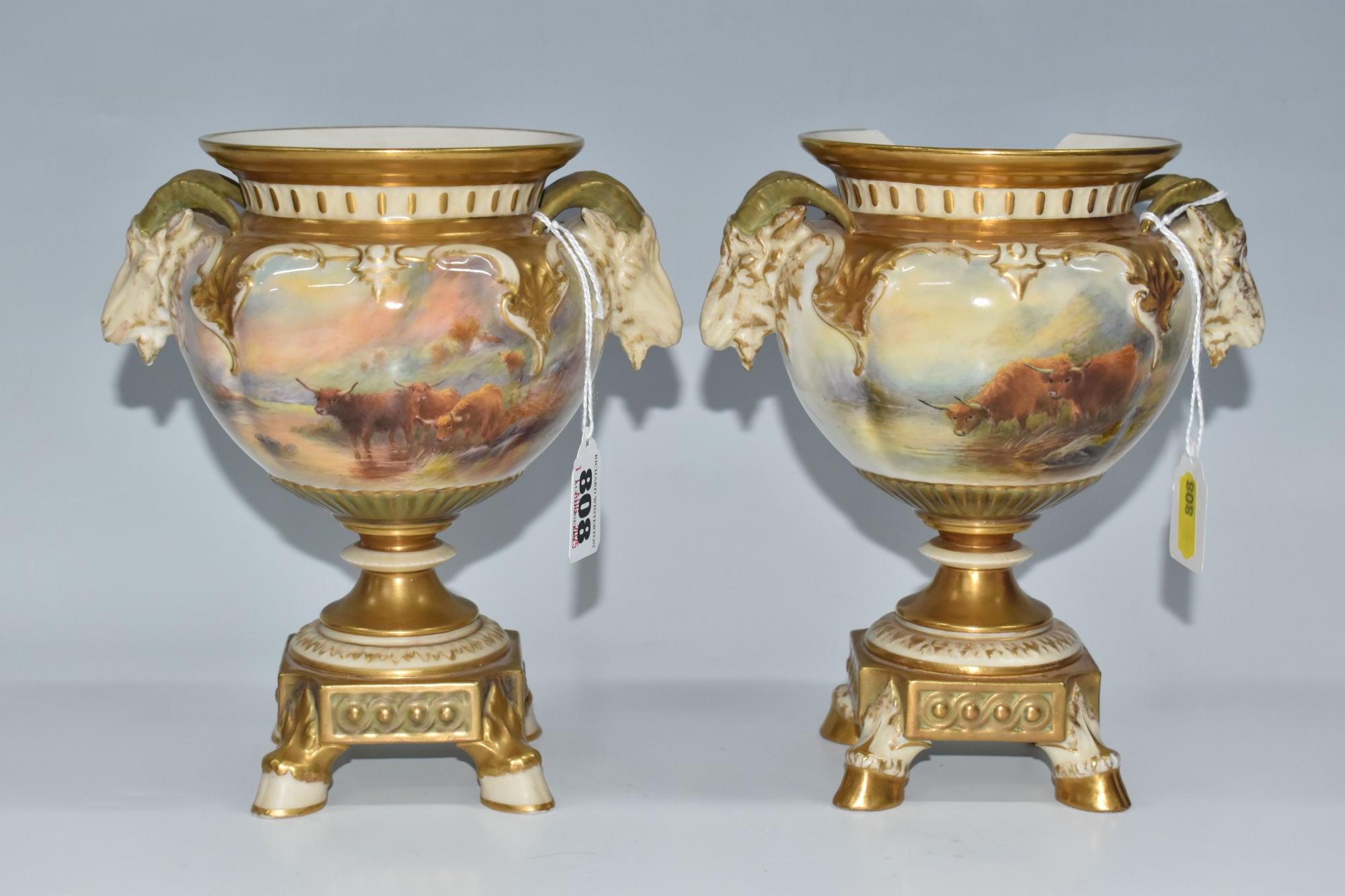Pair Of Royal Worcester Pedestal Vases Decorated By Harry Stinton Sold £1,000