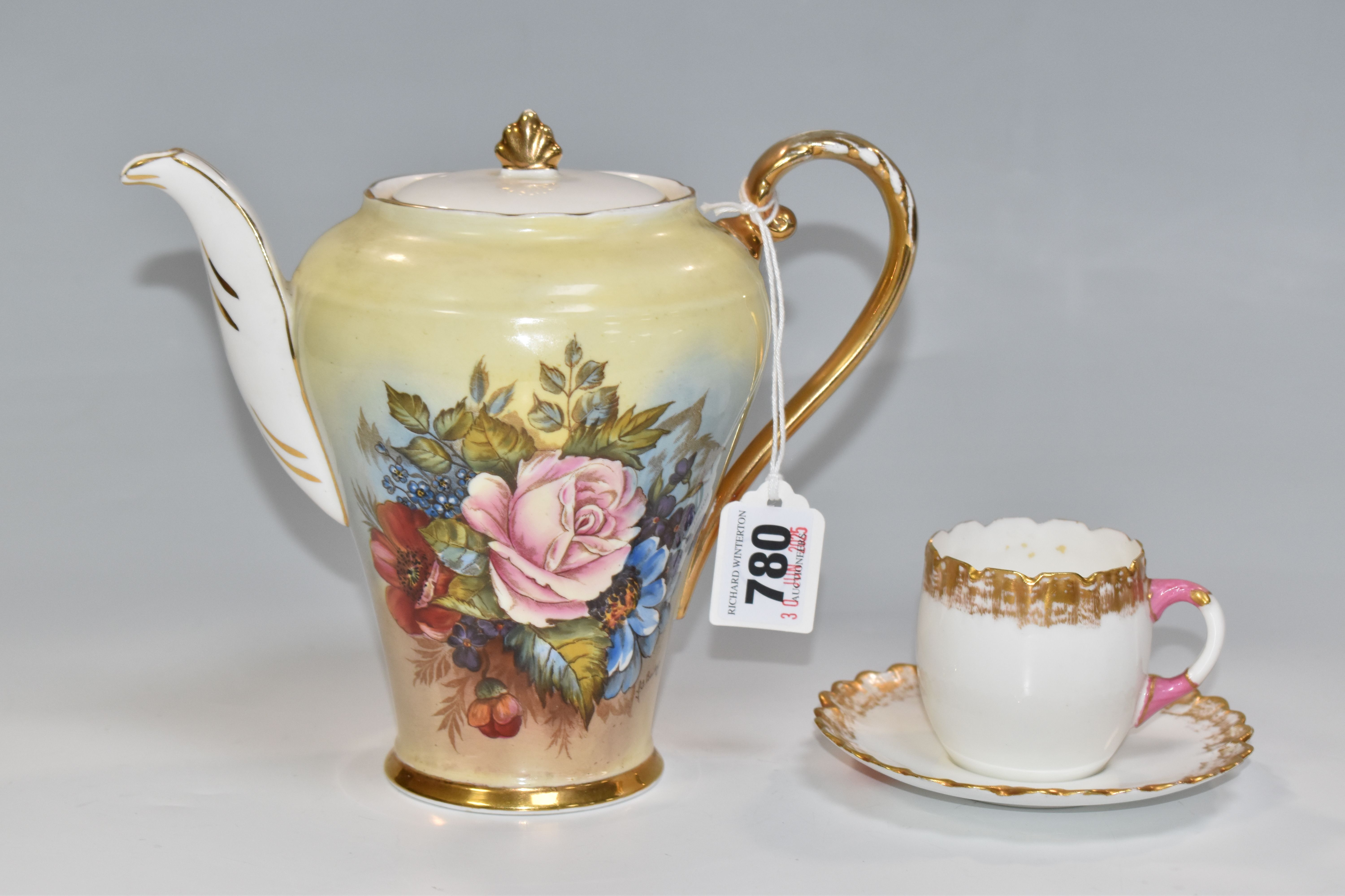Aynsley Cabbage Rose And Poppy Gold Coffee Pot And C19th Cup And Saucer Sold £750