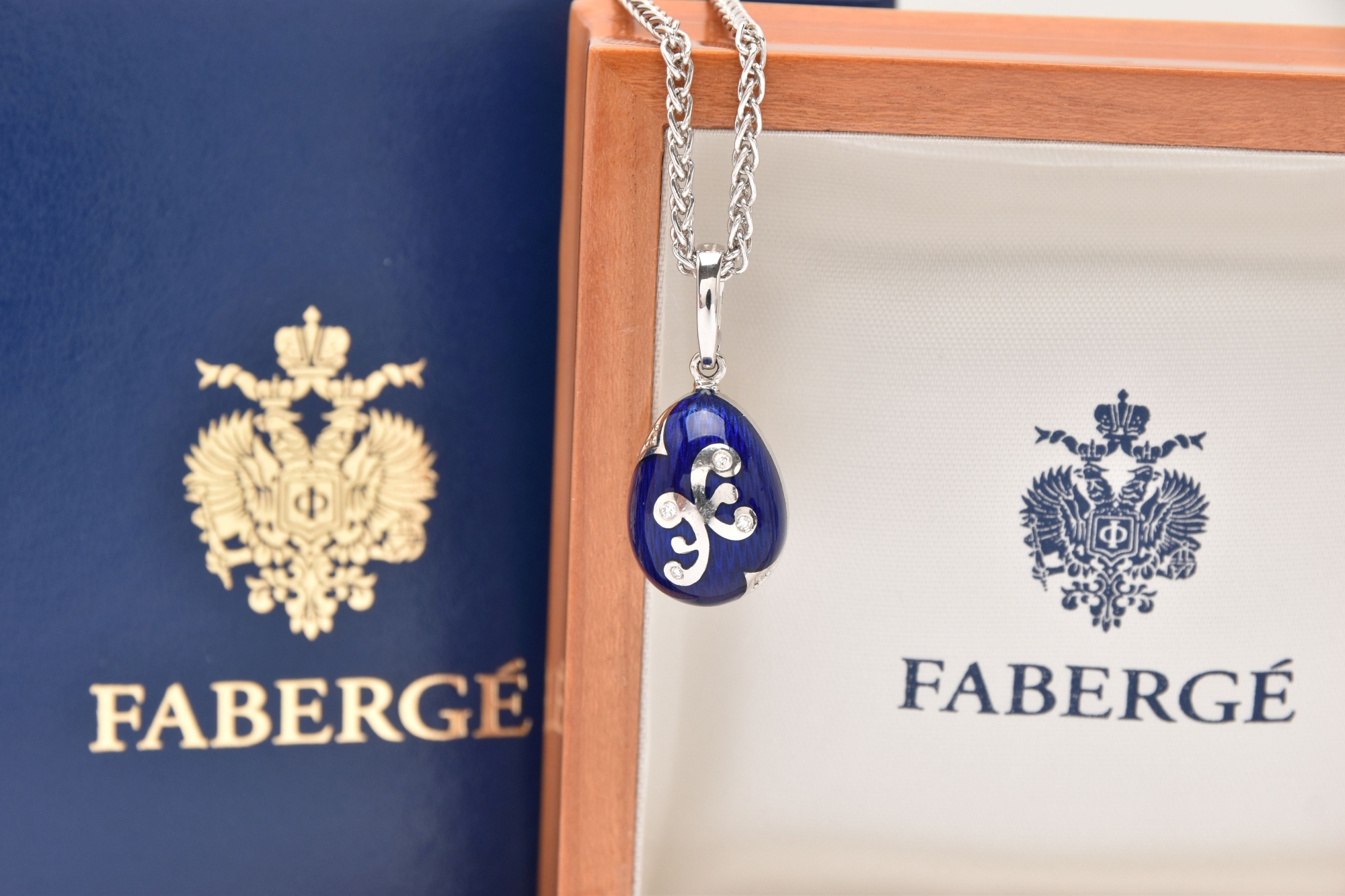 18Ct White Gold Enamel And Diamond Fabergé Egg Penant Necklace Sold £1,050