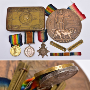 Lot 233 A group of WW1 1914-1915 Star British War and Victory medals named to 8870 Private W Dobson together with a Memorial Death Plaque named William Dobson, two brass Wound Stripes with backings for uniform wear and spare ribbons and a 1914 Princess Mary tin (no contents).