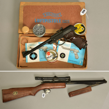 Airguns in the sale include a .22 model 342 pump action Benjamin air rifle (Lot 252) and a .177 Walther model LP53 air pistol in its original carton (Lot 259).