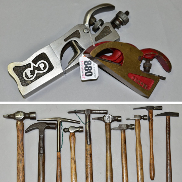 Top: A Preston No. 311 bull-nosed plane with a Granby bull nosed plane. Bottom: 10 specialist hammers.