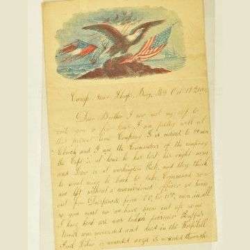 Antiques & Home Sale, June 21 2021. This letter from a Union soldier is dated October 17 1862. It is headed with an eagle taking off with the Stars and Stripes, leaving the shredded Confederate ‘Stars and Bars’ version of the flag in its wake.