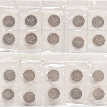 10 individually sealed Isle of Man 10 pence pieces go under the hammer live from The Lichfield Auction Centre in Day One of Richard Winterton Auctioneers’ Two Day Antiques & Home Sale on Monday, July 5. The 10 10p coins are in pristine condition, individually sealed in their own plastic bubble within a sheet of protective packaging embossed with ‘Pobjoy Mint’.