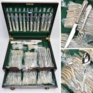 Lot 204 is a 115-piece canteen of silver cutlery for 12 covers in nearly new condition, hallmarked for John B Chatterley & Son Ltd, Sheffield 1987, 1988 and 1989.