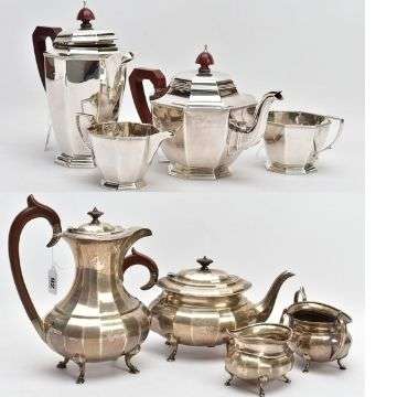 A George VI silver four-piece tea set (top) and a four-piece George V silver tea set. Lot 84 (top) and Lot 92.