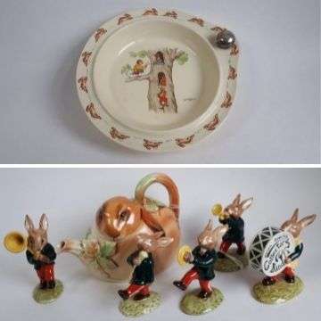 Rare rabbits: The Oompah Band in green jackets serenade a Bunnykins teapot. Above: This Bunnykins nurseyware plate can be filled with warm water in order to keep the child’s food at temperature.