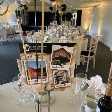 Richard Winterton Auctioneers 25th anniversary at The School House, Weeford, April 14 2022. The table settings showed the company's journey over the past 25 years.