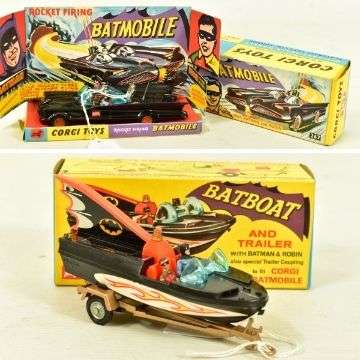 The single owner collection diecast models includes this 1960s Corgi Batmobile and Batboat, both with Batman and Robin figures.