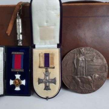 Captain William Paul was awarded the Distinguished Service Order and Military Cross, pictured here with his memorial death plaque, officer’s whistle and Freemason’s case.