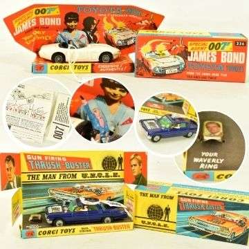 The diecast collection includes all original boxes and accessories. This example of Aki’s Toyota 2000GT car from the 1967 James Bond film You Only Live Twice comes complete with 'secret instructions' and the Man From U.N.C.L.E. Odsmobile includes a ‘Waverley ring’ depicting Robert Vaughn’s character Napoleon Solo.