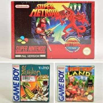 Top: 1994’s Super Metroid is estimated to make £600-£800. Game Boy RPG Knight Quest, boxed, is expected to sell for £600-£800 and Donkey Kong Land, sealed, is estimated at £400-£500.