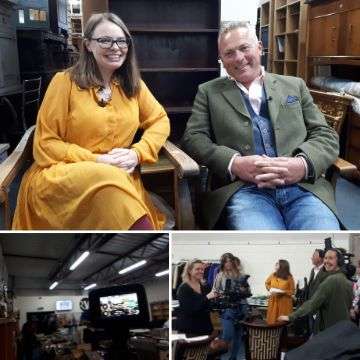 Presenter Jules Hudson and David Fergus' fellow TV valuer Kayleigh Davies take a break during filming Cash In The Attic at the Lichfield Auction Centre.