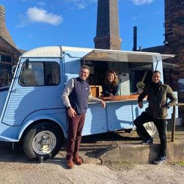 Richard Winterton with Christina Trevanion and Will Kirk during filming for The Traveller Auctioneers at Middleport Pottery in Stoke-on-Trent, November 2021.