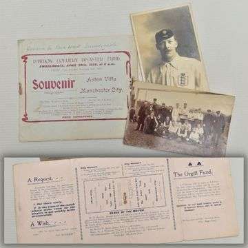 The rare programme for Aston Villa v Manchester City on April 28 1908 in Swadlincote. The lot includes photographic postcards of England international player Ben Warren, who lived in Newhall, Derbyshire.