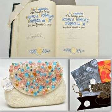 The inauguration book signed by Her Majesty Queen Elizabeth II and Prince Phillip and, inset, items which belonged to the Duchess of Windsor included a handbag.