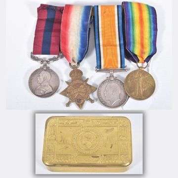 Private William Richards’ medals and, inset, his Princess Mary Christmas tin.