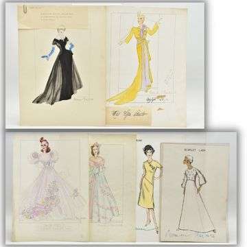 Top: Two signed pencil, watercolour and gouache Norman Hartnell dress designs, one for English actress Olga Lindo. Another lot features Hartnell designs for four dresses and spans the 1940s to the late 1960s.