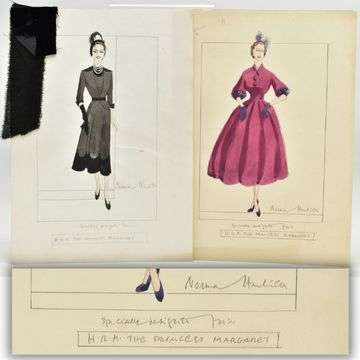 These two signed drawings by legendary fashion designer Norman Hartnell are titled ‘Specially designed for HRH The Princess Margaret’. One has two fabric swatches pinned to it.