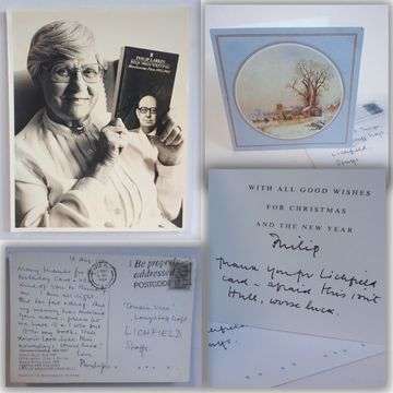 The photograph of Vera Thorpe with the book, both of which are included in the lot. Inset: The 1984 Christmas card and postcard sent in the August of that year.