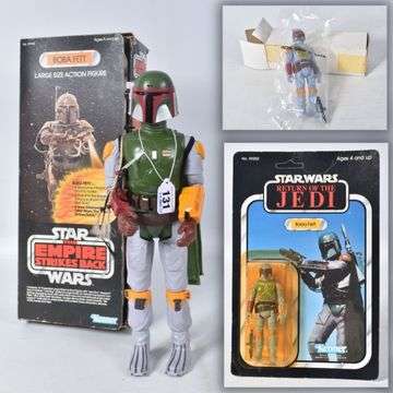 Boba Fett triple threat: Lot 131 is a 35cm tall boxed Kenner Boba Fett figure released to tie in with the cult character’s debut in The Empire Strikes Back (main photo). Inset top, a 1979 sealed ‘Mail-away’ Boba Fett figure, Lot 149 and one of three in the auction. Inset, a 1983 Kenner figure of Fett tying in with Return Of The Jedi (Lot 120).