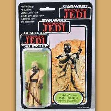 Lot 138: A 1983 Palitoy figure of a Tusken Raider, one of the dangerous Sand People, sealed in a blister pack with ‘tri logo’ card.