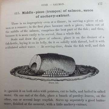 The book is peppered with illustrations such as this for a tronçon of salmon with anchovy sauce.