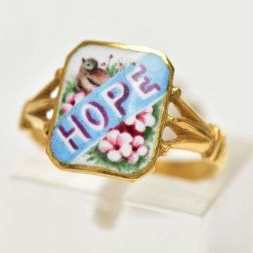 The haul included this gold and enamel ‘Hope’ sweetheart ring, which went under the hammer for £900.