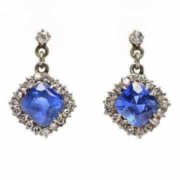 Lot 5 is a pair of early 20th century unheated certified Burmese and Ceylon sapphire and diamond earrings, the sapphires totalling 5.60ct.