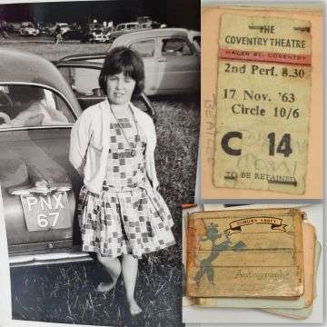 A young Gwen Payne, née Danks, pictured next to her dad’s car at Woburn Abbey – the very day she bought the autograph album which was signed by The Beatles. Top: Gwen affixed her ticket stub for the concert on the page next to Ringo Starr’s signature. (Main photo courtesy Gwen Payne)