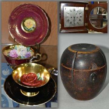 Clockwise, from left: Two Paragon tea cups and saucers sold at auction for £1,000, this George III mahogany and brass bracket clock sold for £2,000 and a George III stained fruitwood melon-shaped tea caddy sold at auction for £1,050 recently.