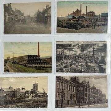 Postcards showing Burton's brewing heritage and, bottom, Stafford's Lotus Shoe Factory.