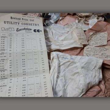 Rare examples of military underwear made for the ATS in WW2 bearing the broad arrow mark and Utility civilian underwear, with a 1942 price list.