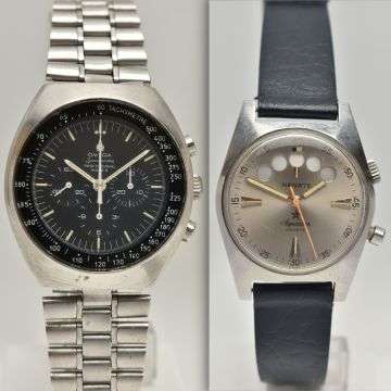 An Omega Speedmaster Professional Mark II from the early 1970s (left) and a 1970s Aquastar Regate wristwatch, which features a regatta countdown timer with five apertures in the dial through which red discs are displayed.