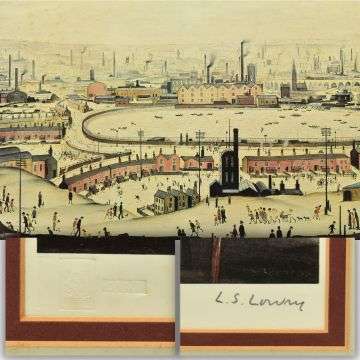 'The Pond' depicts a boating lake in one of Lowry's characteristic industrial settings. It is signed in pencil to the lower margin on the right with the Fine Art Trade Guild blind stamp to the left.