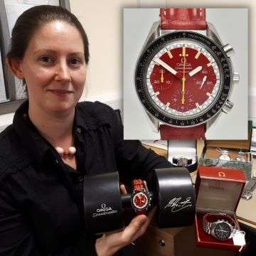 Independent valuer Georgina Southam with some of the watch collection from Tamworth. Inset: The ‘racing red’ Michael Schumacher special edition Omega Speedmaster.