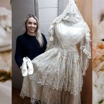 Jess Boam from Richard Winterton Auctioneers with the 126-year-old wedding dress.