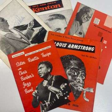 A programme for Sister Rosetta Tharpe, the front of the Louis Armstrong programme and two signed by Stan Kenton.