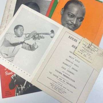 An autograph by jazz vocalist Velma Middleton – with whom Armstrong recorded ‘Baby, It’s Cold Outside’ a number of times – is paperclipped inside the front cover together with the ticket stub dated May 17 1956 at the Embassy Sports Drome, Walford Road, Sparkhill.