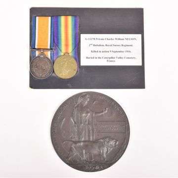 Lot 370: A WW1 casualty group of medals to Private Charles William Nelson, Royal Sussex Regiment.