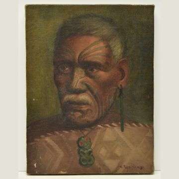 The portrait depicts a man with traditional Māori Ta Moko face tattoos wearing a hei-tiki pendant.