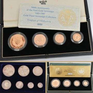 Clockwise from top: 500th anniversary gold proof sovereign collection (sold £4,700), 2002 gold proof four coin sovereign set (sold £3,700) and 1887 Victoria Jubilee cased set of proof coins (sold £4,600).