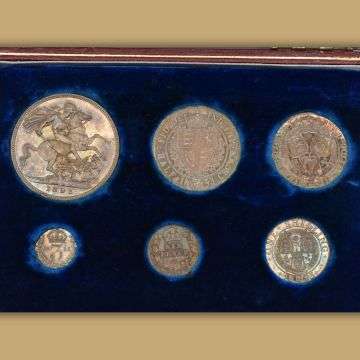 A cased set of 1893 English proof coins comprises a crown, half-crown, florin, shilling, sixpence and threepence sold at £6,200.